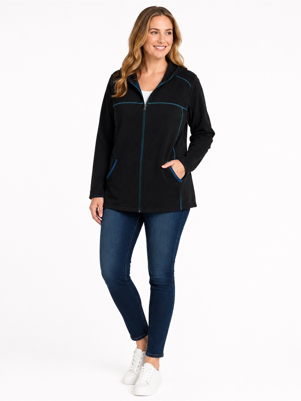 Junonia Black Fleece Zippered Hoodie with Teal Stitching. Size 1X